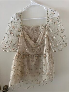 SHEIN Curve 1XL Cream Embroidered Mesh shirt